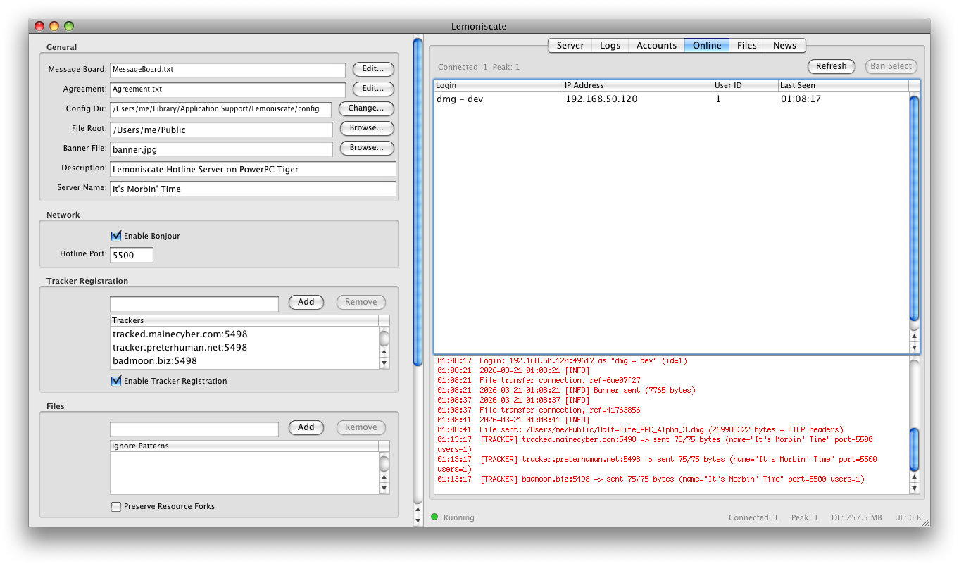 Lemoniscate — GUI admin app for managing a PowerPC Hotline server